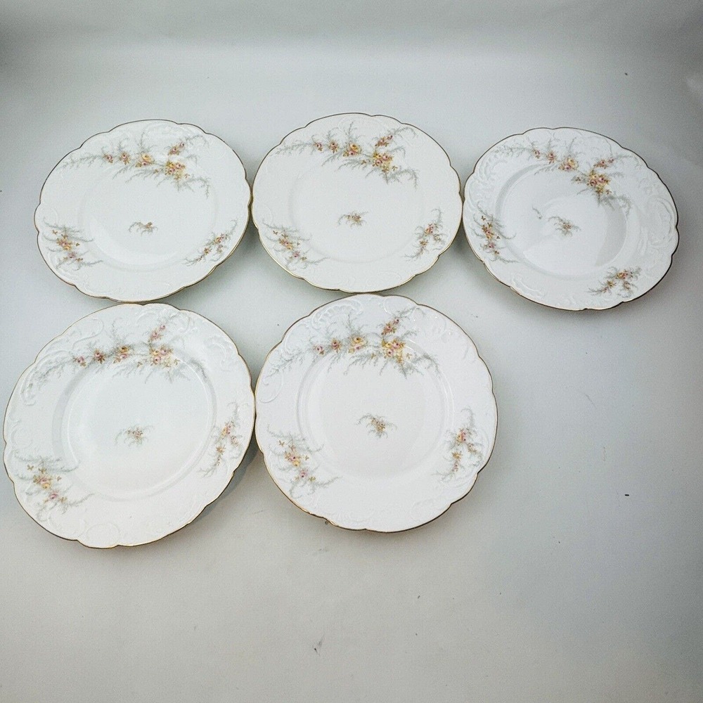 Limoges‎ Elite 5 Salad Plate Lot Pink Yellow Floral Spray Gold Rim J.Mc.D&S